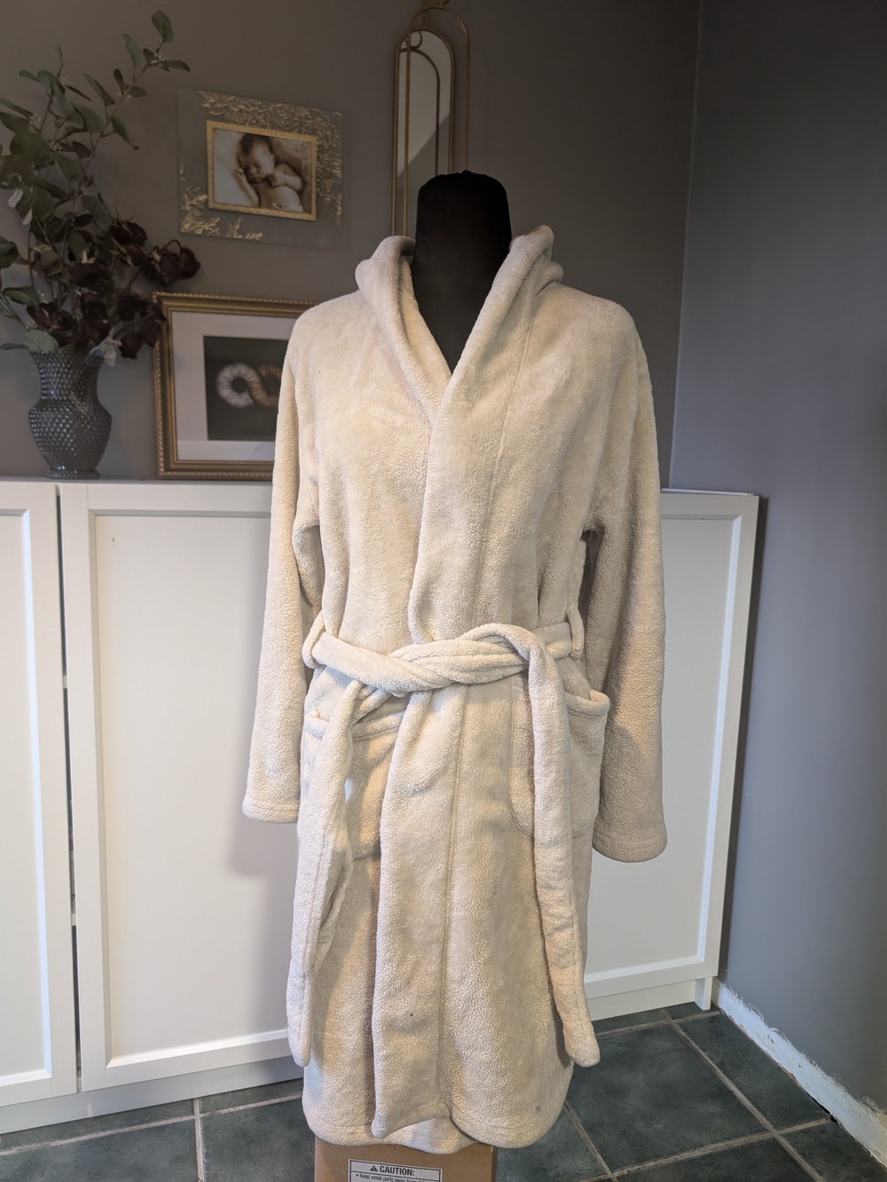 Plush Cream Bath Robe with Hood and Belt